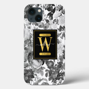Black, White & Gold Vintage Floral Monogram iPhone 13 Case