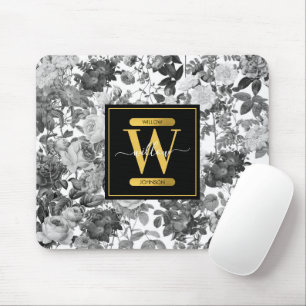 Black, White & Gold Vintage Floral Monogram Mouse Mat