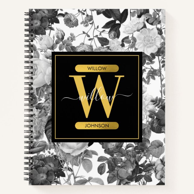 Black, White & Gold Vintage Floral Monogram  Notebook (Front)