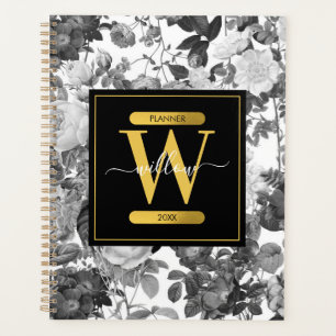 Black, White & Gold Vintage Floral Monogram Planner