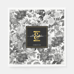 Black, White Gold Vintage Floral Monogram Wedding Napkin