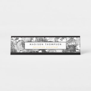 Black, White & Gold Vintage Floral Professional Desk Name Plate
