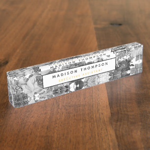 Black, White & Gold Vintage Floral Professional Nameplate