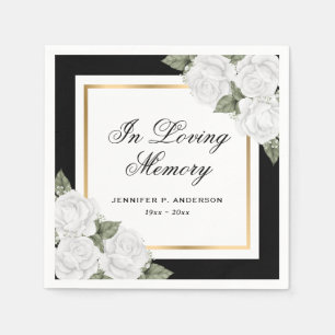 Black White Gold Watercolor Floral Memory Funeral Napkin