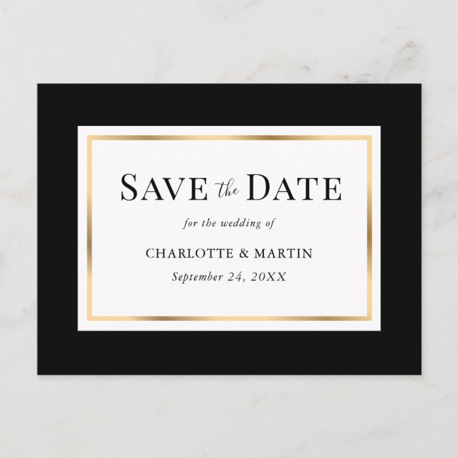Black White Gold Wedding Save The Date Announcement Postcard (Front)