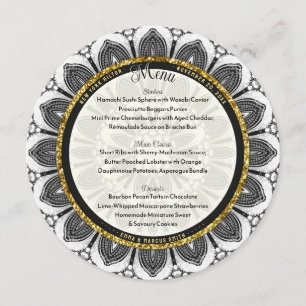 Black White Gold Wedding Sunflower Mandala Round Menu