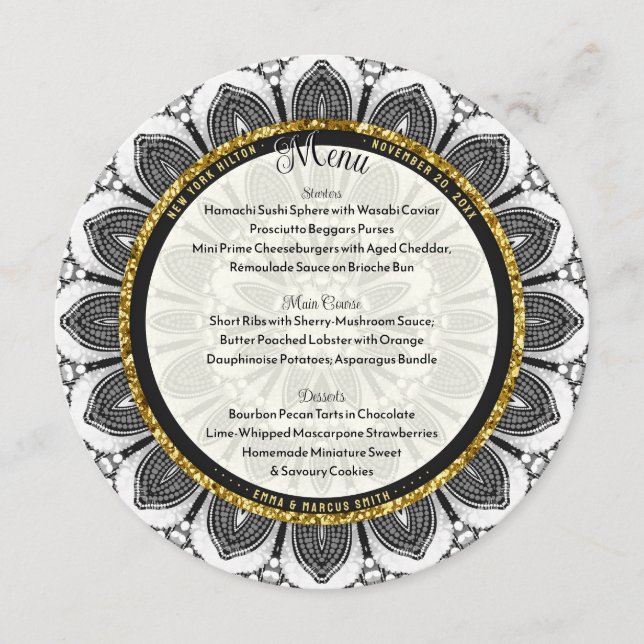 Black White Gold Wedding Sunflower Mandala Round Menu (Front)