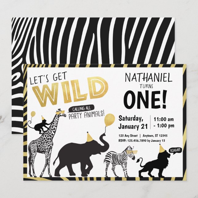 Black White Gold Wild One Party Animal Birthday Invitation (Front/Back)