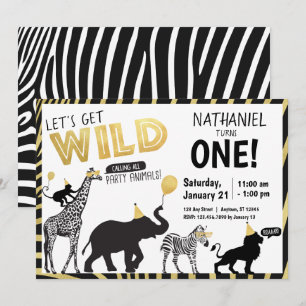 Black White Gold Wild One Party Animal Birthday Invitation