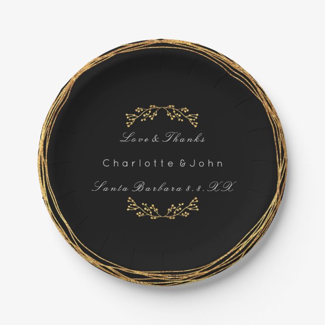 Black White Gold Wreath Floral  Wedding Vip Paper Plate (Front)