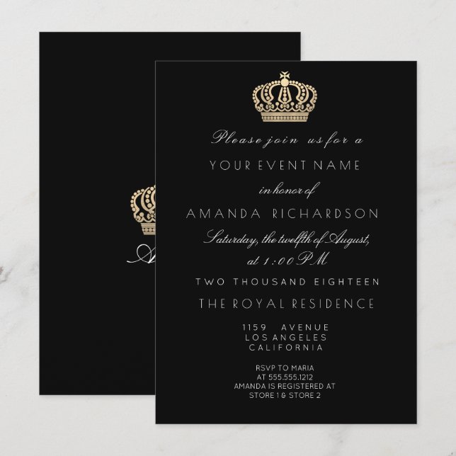 Black White Golden Crown Royal Glitter 16th Bridal Invitation (Front/Back)