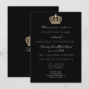 Black White Golden Crown Royal Glitter 16th Bridal Invitation