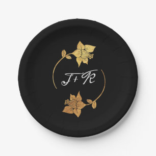 Black White Golden Ring Monogram Initials Floral Paper Plate
