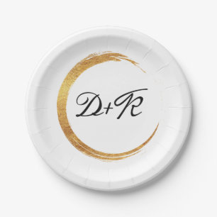 Black White Golden Ring Monogram Initials Name Paper Plate