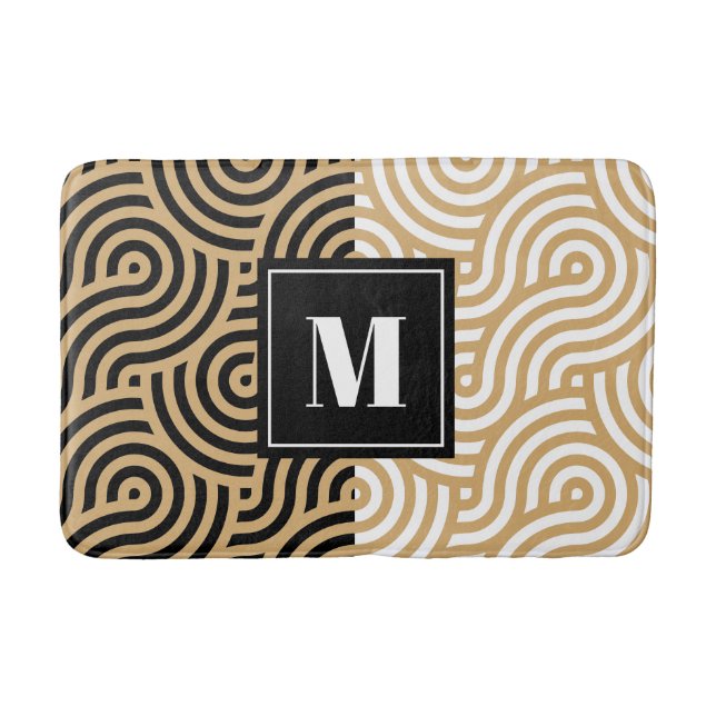 Black & White Golden Sea Ocean Waves Monogram Bath Mat (Front)