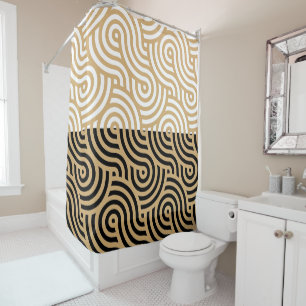 Black & White Golden Sea Ocean Waves Pattern Shower Curtain