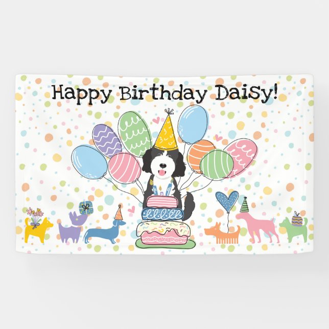 Black White Goldendoodle Dog Birthday Party Banner (Horizontal)