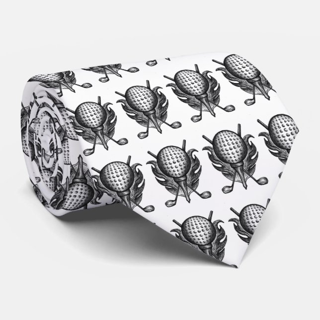 Black White Golf Ball Tee Clubs Golfer Gift Tie (Rolled)