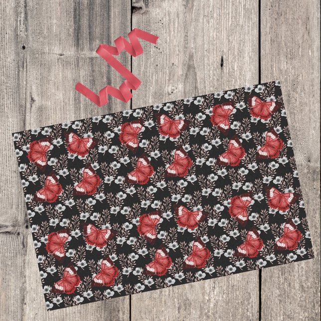 Black White Goth Floral With Red Butterflies Tissue Paper (Creator Uploaded)
