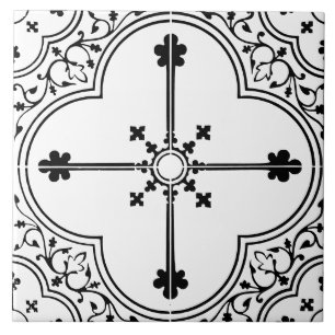 Black & White Gothic Clover Cross Vintage Antique Tile