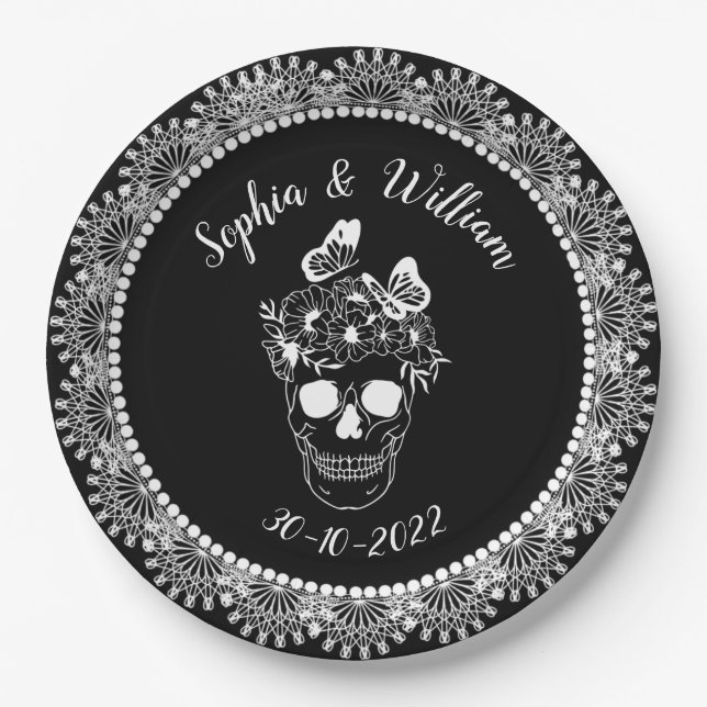 Black White Gothic Floral Skull Halloween Wedding Paper Plate (Front)