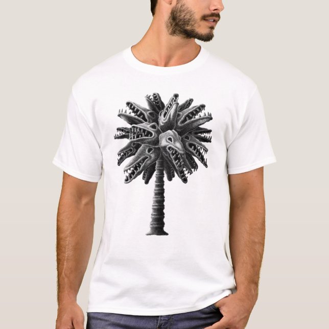 Black White Gothic Monster Skulls Horror Palm Tree T-Shirt (Front)