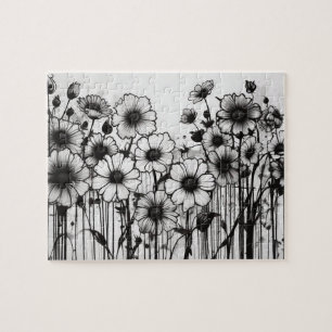 Black & White Gothic Pretty Daisy Patch Jigsaw Puzzle