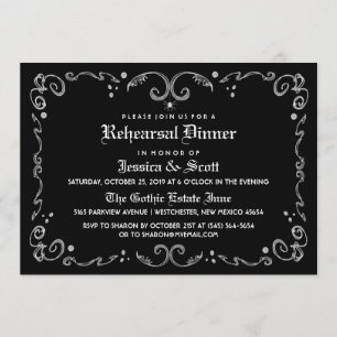 Black White Gothic Scroll Rehearsal Dinner Invite