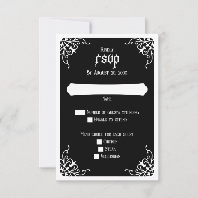 Black White Gothic Wedding RSVP Card (Front)
