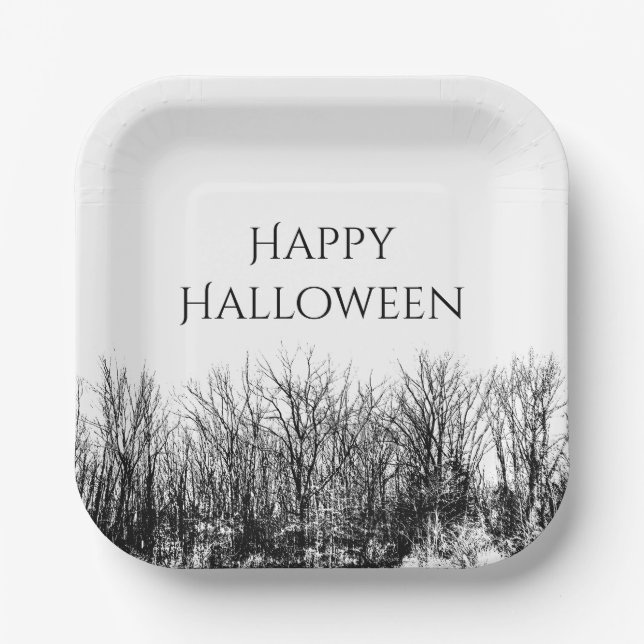 Black White Gothic Woods Halloween Party  Paper Plate (Front)