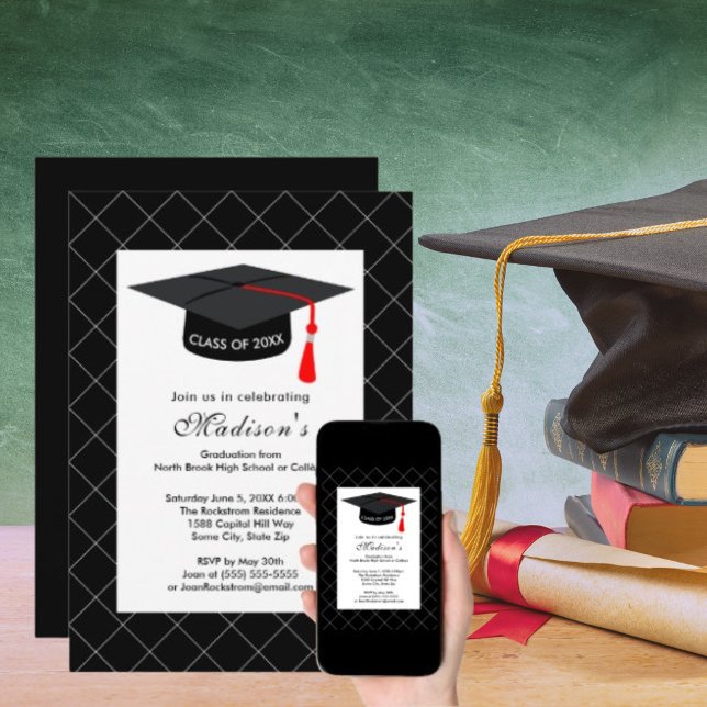 Black White Grad Cap Graduation Class of 2024 Invitation (Black White Grad Cap Graduation Class of 2024 Invitation)