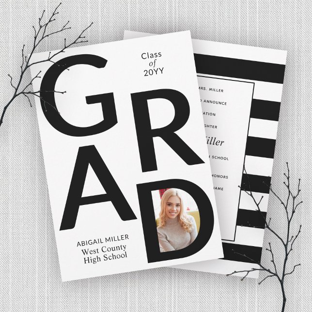 Black, white GRAD Class of 2025 photo graduation Announcement (Creator Uploaded)