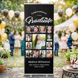 Black White Grad K–12 Photo Collage Modern Script Retractable Banner