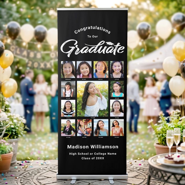 Black White Grad K–12 Photo Collage Modern Script Retractable Banner (Creator Uploaded)