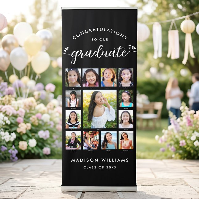 Black White Grad K–12 Script Hearts Photo Collage Retractable Banner (Creator Uploaded)