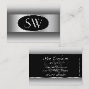 Black White Gradient Monogram Silver Oval Frame Business Card