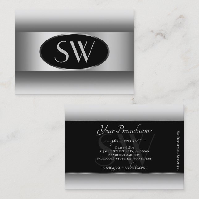 Black White Gradient Monogram Silver Oval Frame Business Card (Front/Back)
