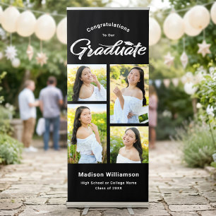 Black White Graduate 4 Photo Collage Modern Script Retractable Banner