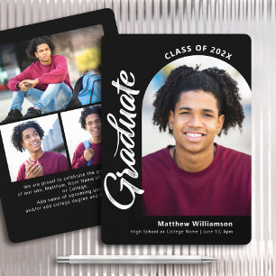 Black White Graduation 4 Photo Bold Arch Script Announcement