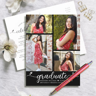 Black White Graduation 4 Photo Modern Script Heart Invitation Postcard