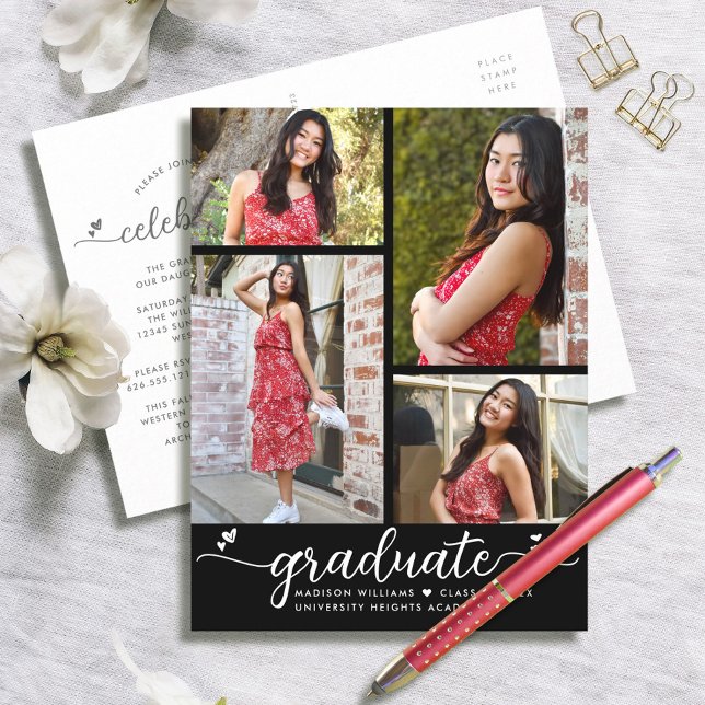 Black White Graduation 4 Photo Modern Script Heart Invitation Postcard (Creator Uploaded)