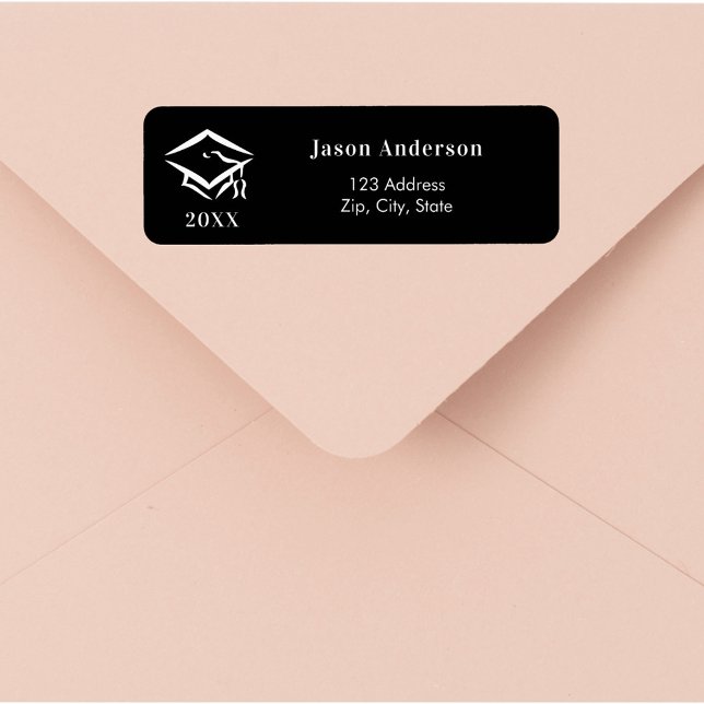 Black white graduation cap return address label (Creator Uploaded)