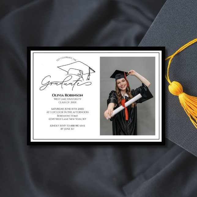 Black White Graduation cap typography photo Invitation (Creator Uploaded)