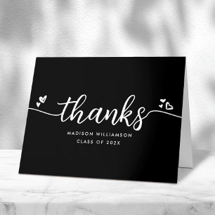 Black White Graduation Chic Modern Script Hearts Thank You Card