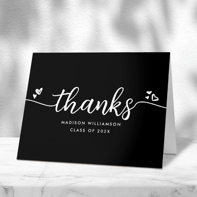 Black White Graduation Chic Modern Script Hearts Thank You Card (Creator Uploaded)