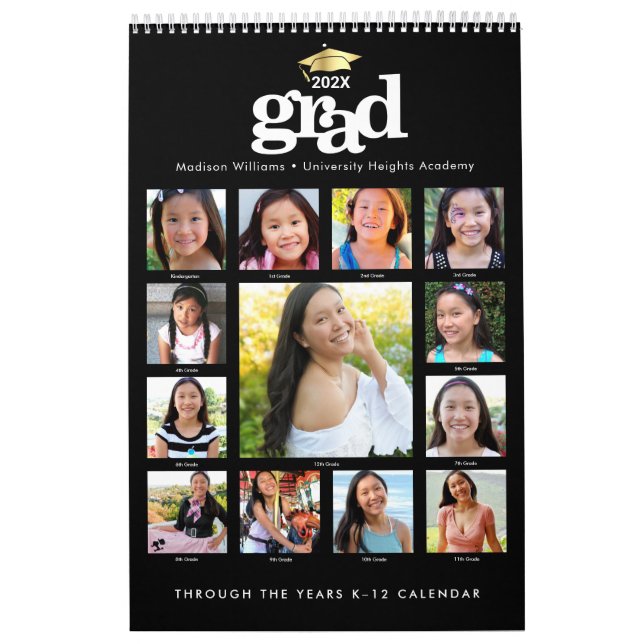 Black White Graduation K–12 Photo Collage 15 Month Calendar (Cover)