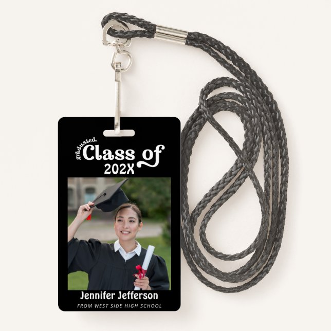 Black & White Graduation Photo Badge ID Badge (Front with Lanyard)