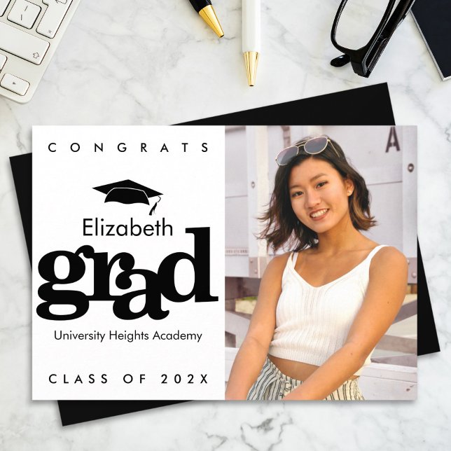 Black white graduation photo bold modern cap announcement (Creator Uploaded)