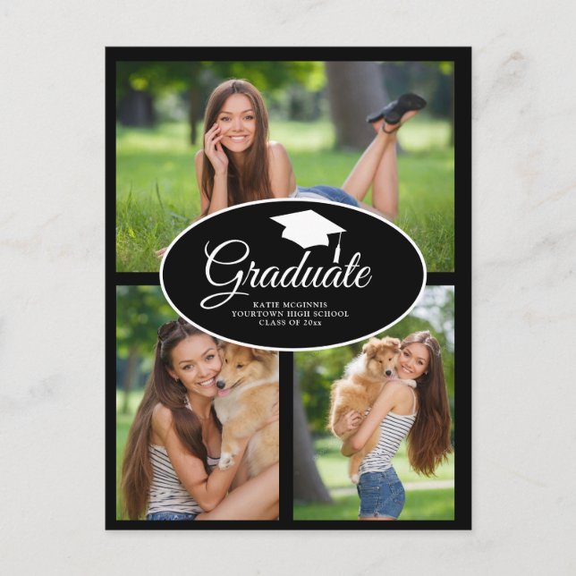 Black White Graduation Photo Class 2024 Announcement Postcard (Front)