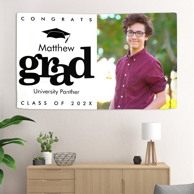 Black white graduation photo modern bold simple banner (Creator Uploaded)